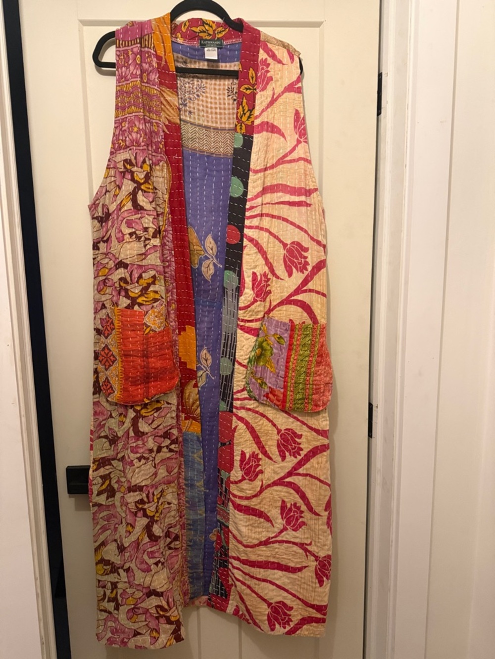 Boho Patchwork Kantha Long duster— Pink & Cream Floral